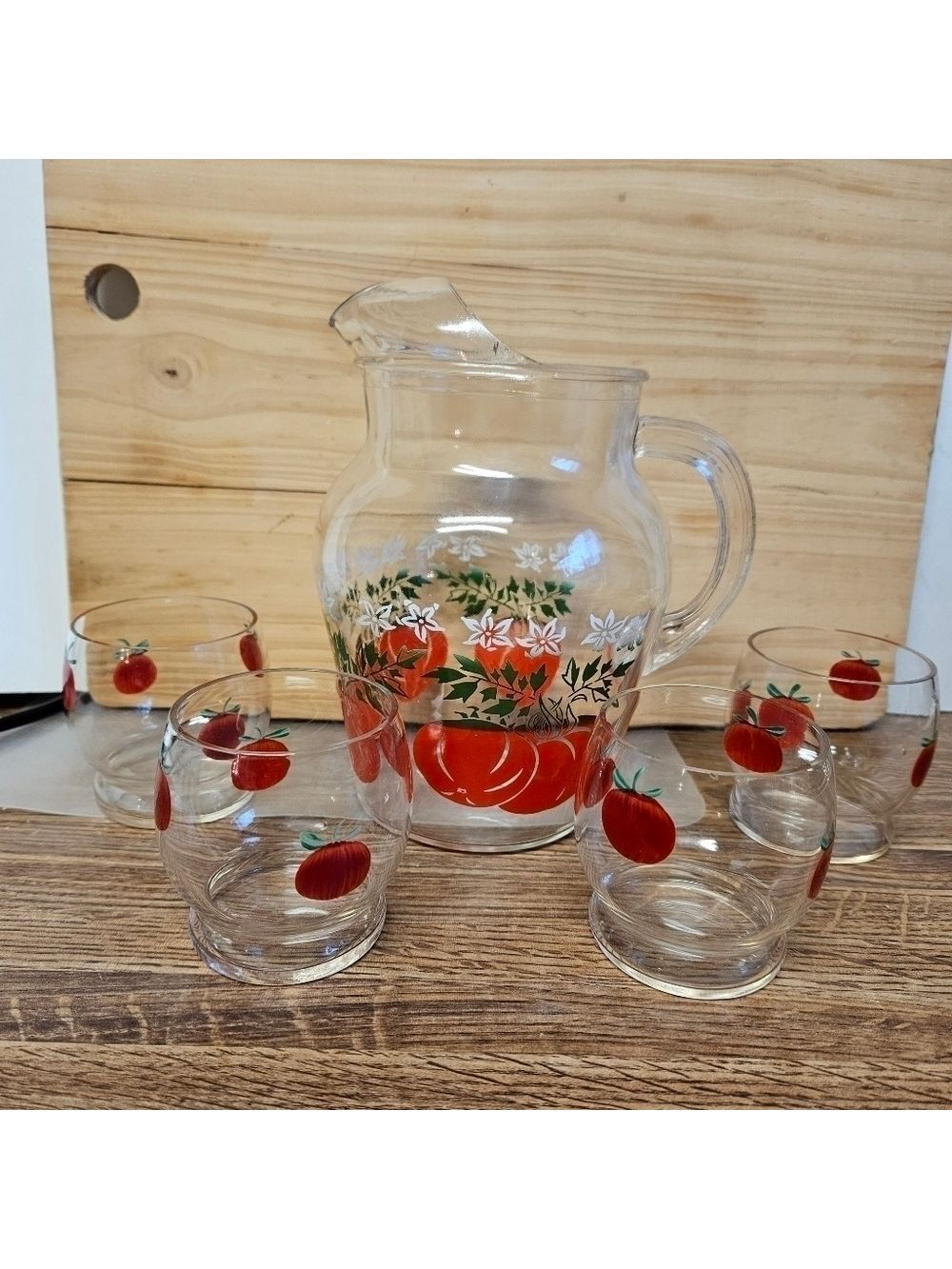 Vintage 50s Glass Pitcher and 4 Juice Glasses